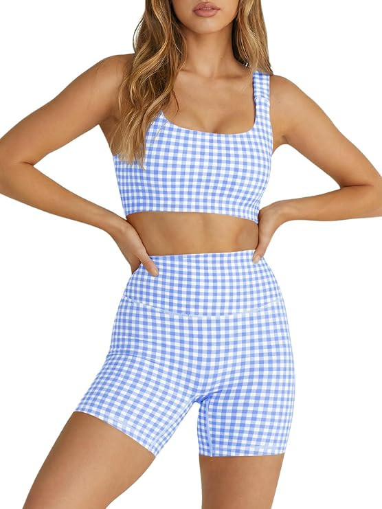Womens Workout Gingham 2 Piece Outfits Padded Open Back Crop Tank High Waist Sports Shorts Sets Y... | Amazon (US)