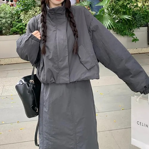 monroll - Plain Zip Jacket / High Waist Drawstring Midi A-Line Skirt | YesStyle Global