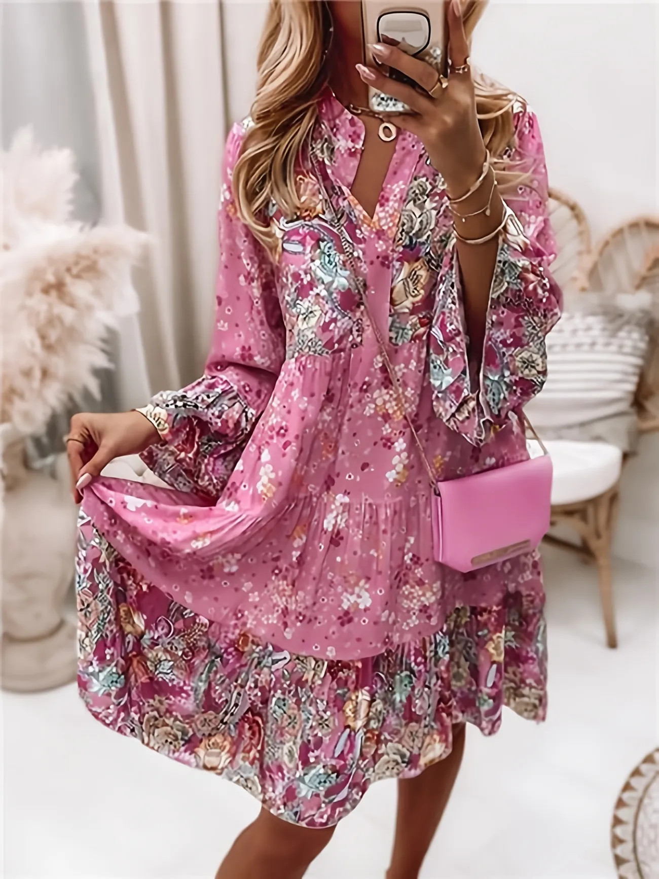 Floral Print Ruffle Hem Dress, Boho Holiday Long Sleeve V-neck Dress, Women's Clothing | Temu Affiliate Program