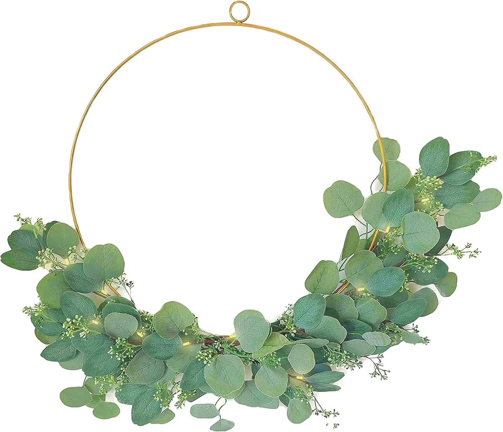 Fall Wreaths for Front Door Summer Wreath, 20 Inch Eucalyptus Wreath, 48 LED Lights, Gold Hoop Gr... | Amazon (US)
