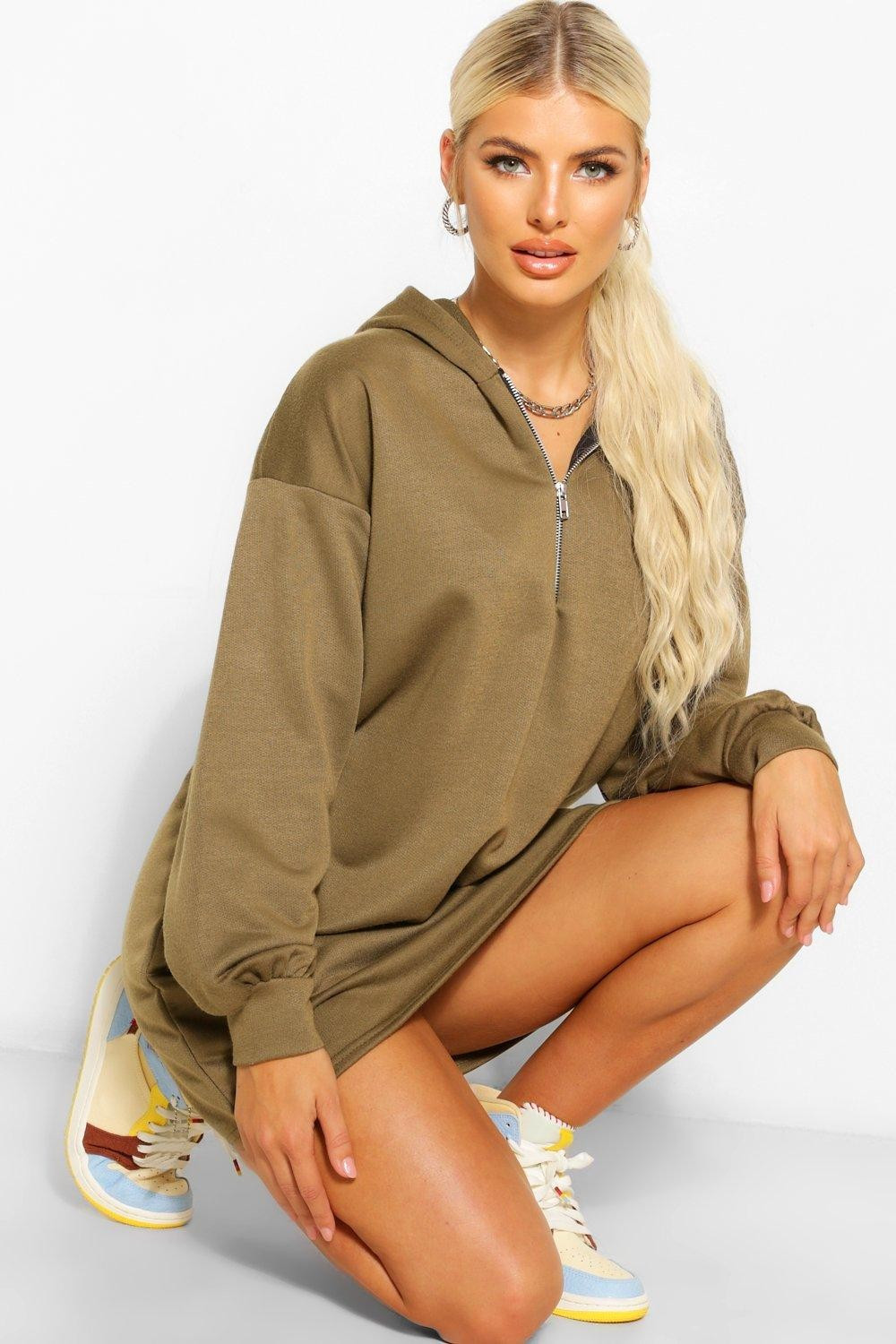 Womens Zip Hooded Oversized Sweatshirt Dress - Green - 14 | Boohoo.com (US & CA)