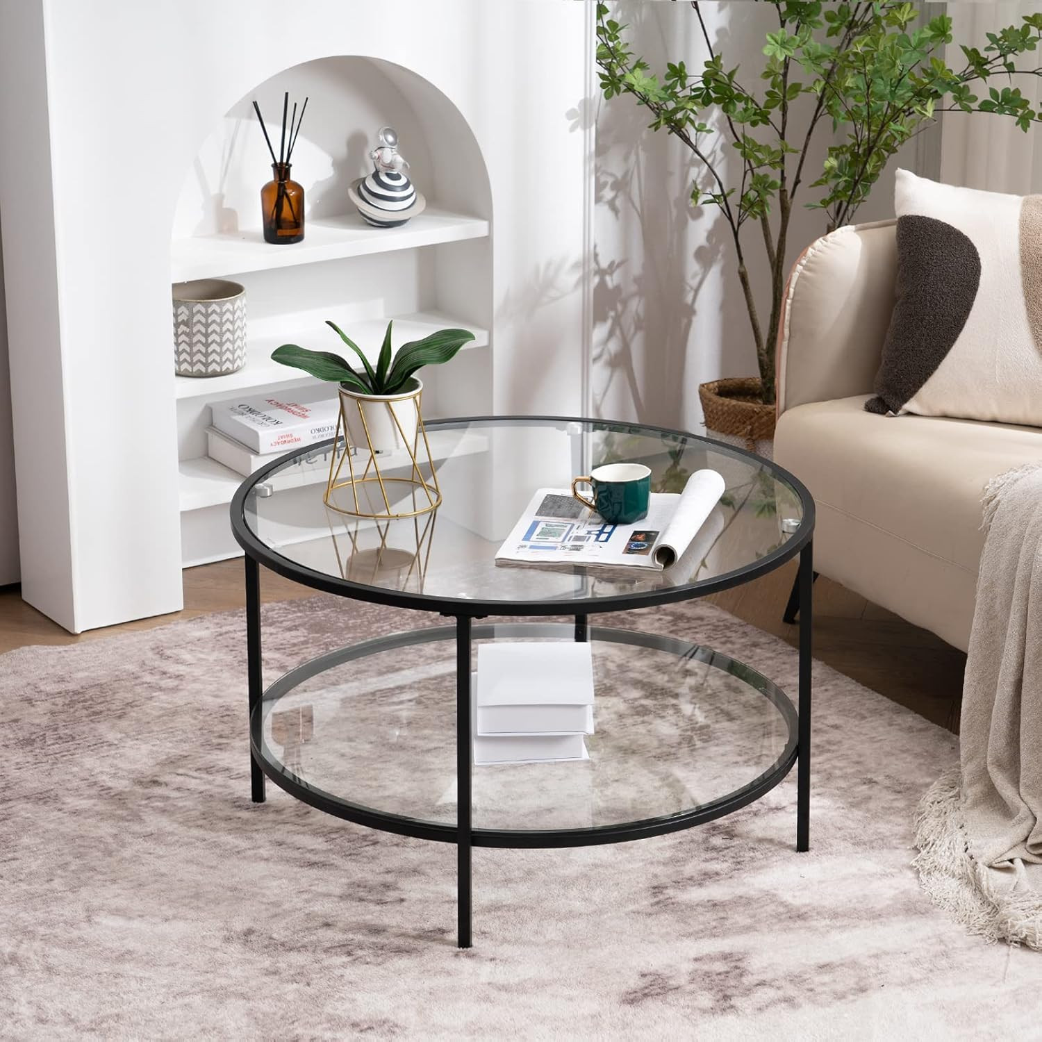 VINGLI 30 Inch Round Glass Coffee Table with 2 Tier(Blac k) | LS-G52000993 | Lowe's