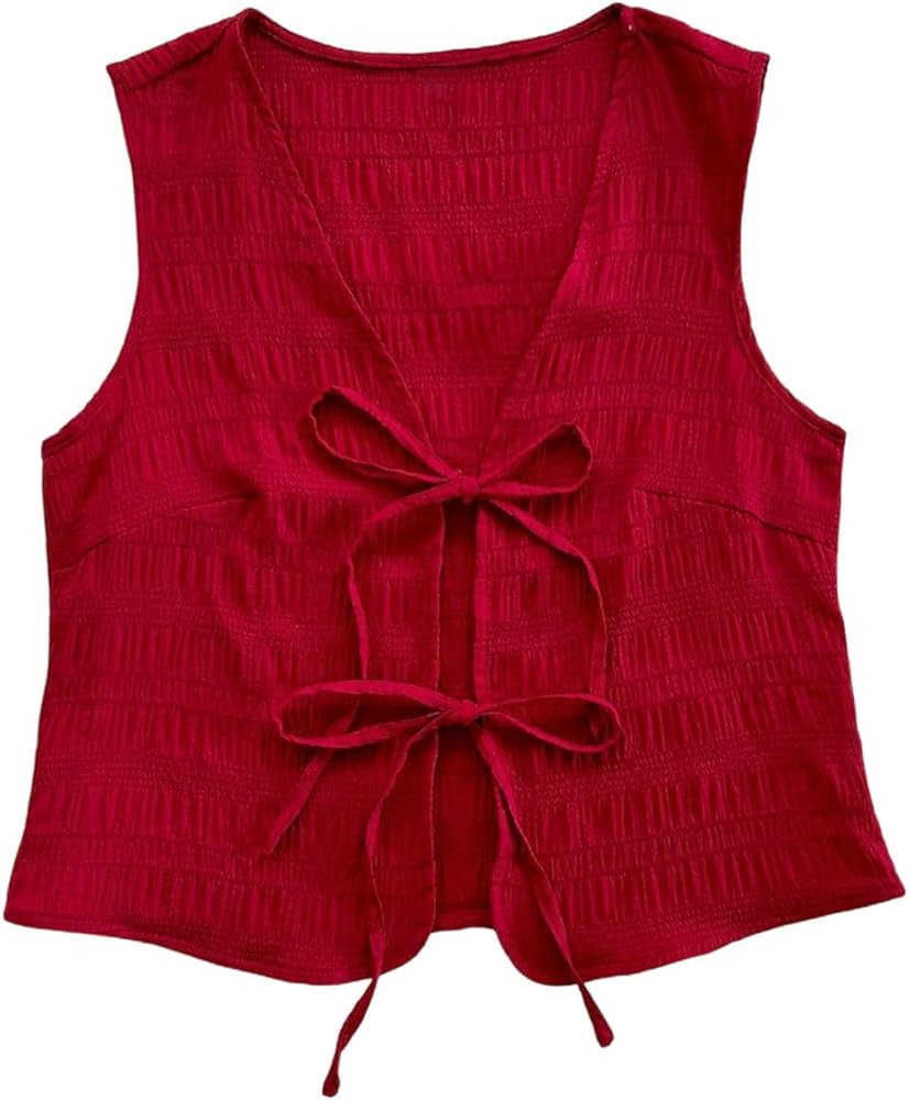 WDIRARA Women's Leopard Print Bow Tie Front Vest Sleeveless V Neck Crop Tank Top | Amazon (US)