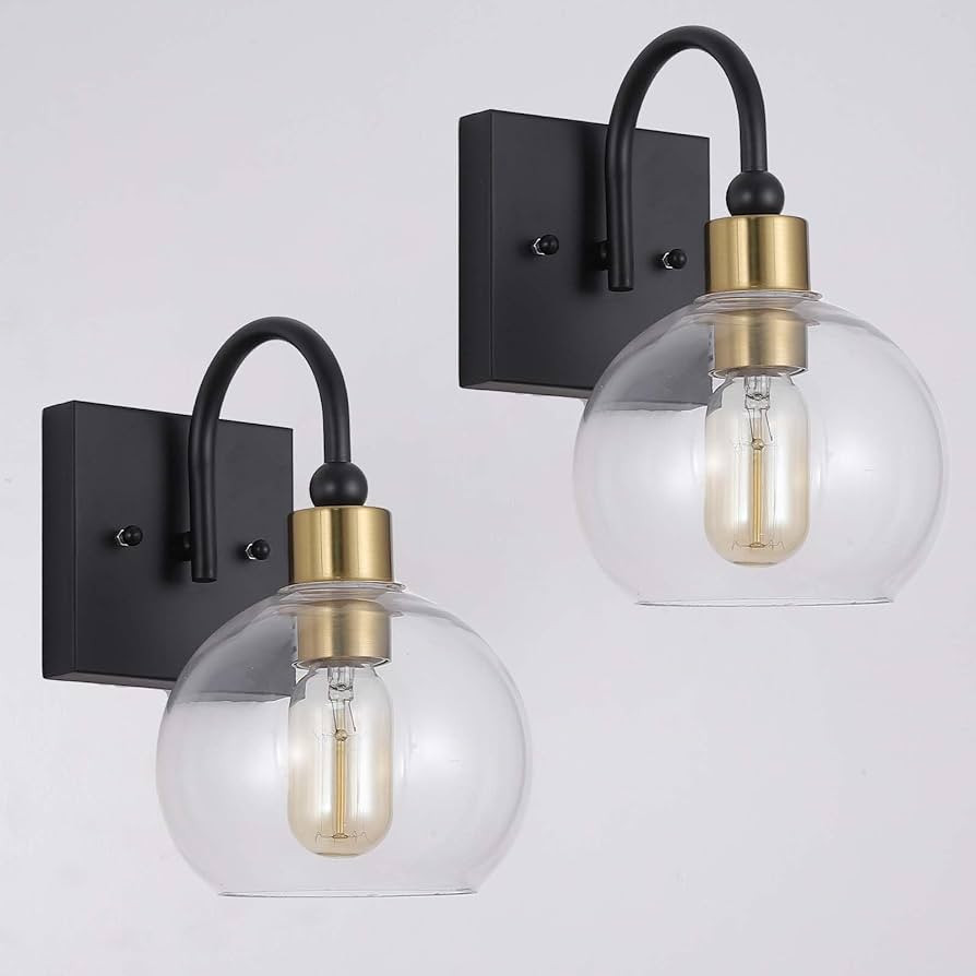 Black and Gold Wall Sconces Set of 2, Farmhouse Wall Lighting with Clear Glass Shade, 2 Pack Bath... | Amazon (US)