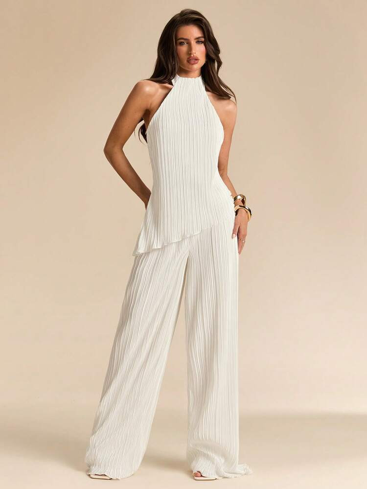SHEIN BAE Women's Elegant Halter Backless Top & Long Pants 2 Pieces Set | SHEIN