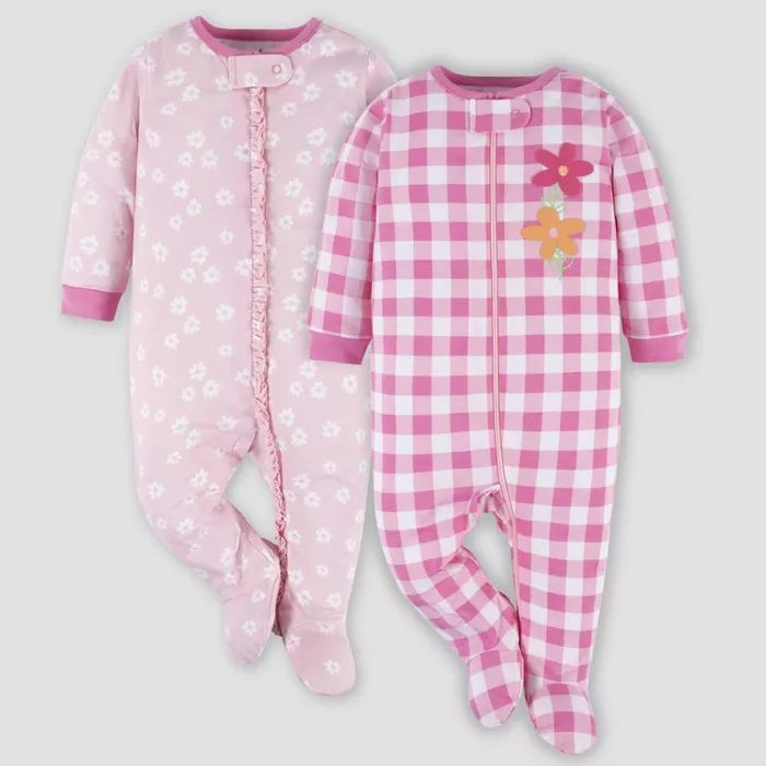 Gerber Baby 2pk Gingham Daisies Zip-Front Sleep N' Play - Pink | Target