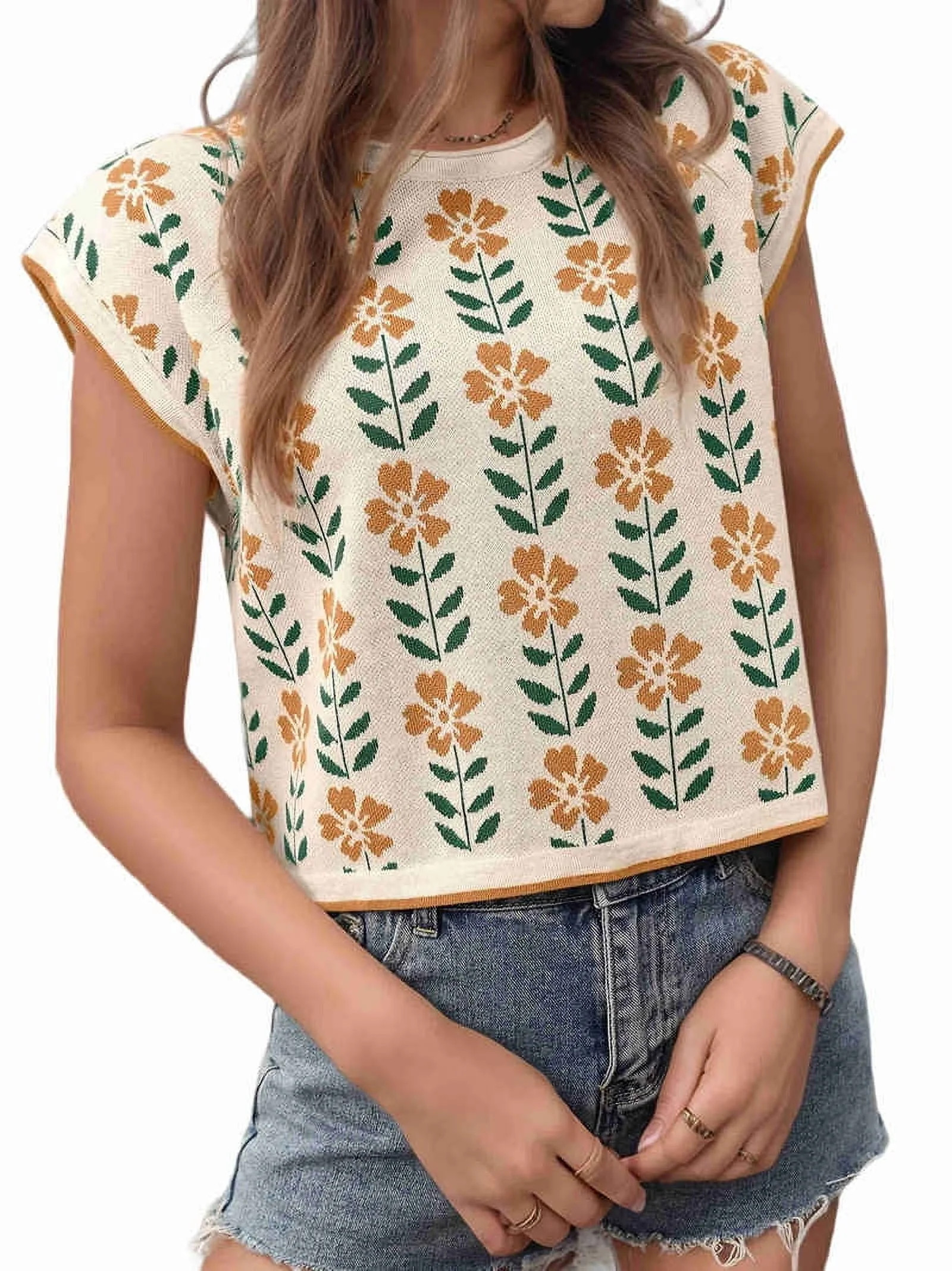 Womens Summer Casual Printed Tops Cap Sleeve Crew Neck Cute Knit Sweaters M | Walmart (US)