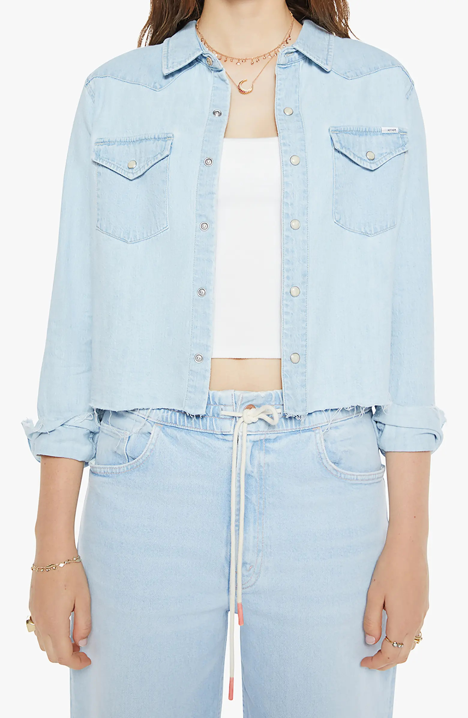 The Super Exes Frayed Step Hem Crop Snap-Up Denim Shirt | Nordstrom
