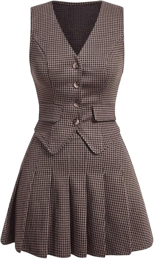 Milumia Women's 2 Piece Outfit Plaid Vest Blazer and Pleated Skirt Suit Sets | Amazon (US)