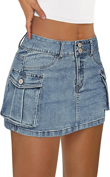 LILLUSORY Women Cargo Mini Skirt Denim Jean Dress with Pocket | Amazon (US)