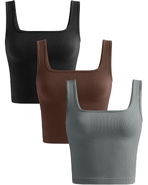 OLCHEE Womens 3 Pack Crop Tank Tops Basic Seamless Ribbed Sleeveless Square Neck Workout Top Summ... | Amazon (US)