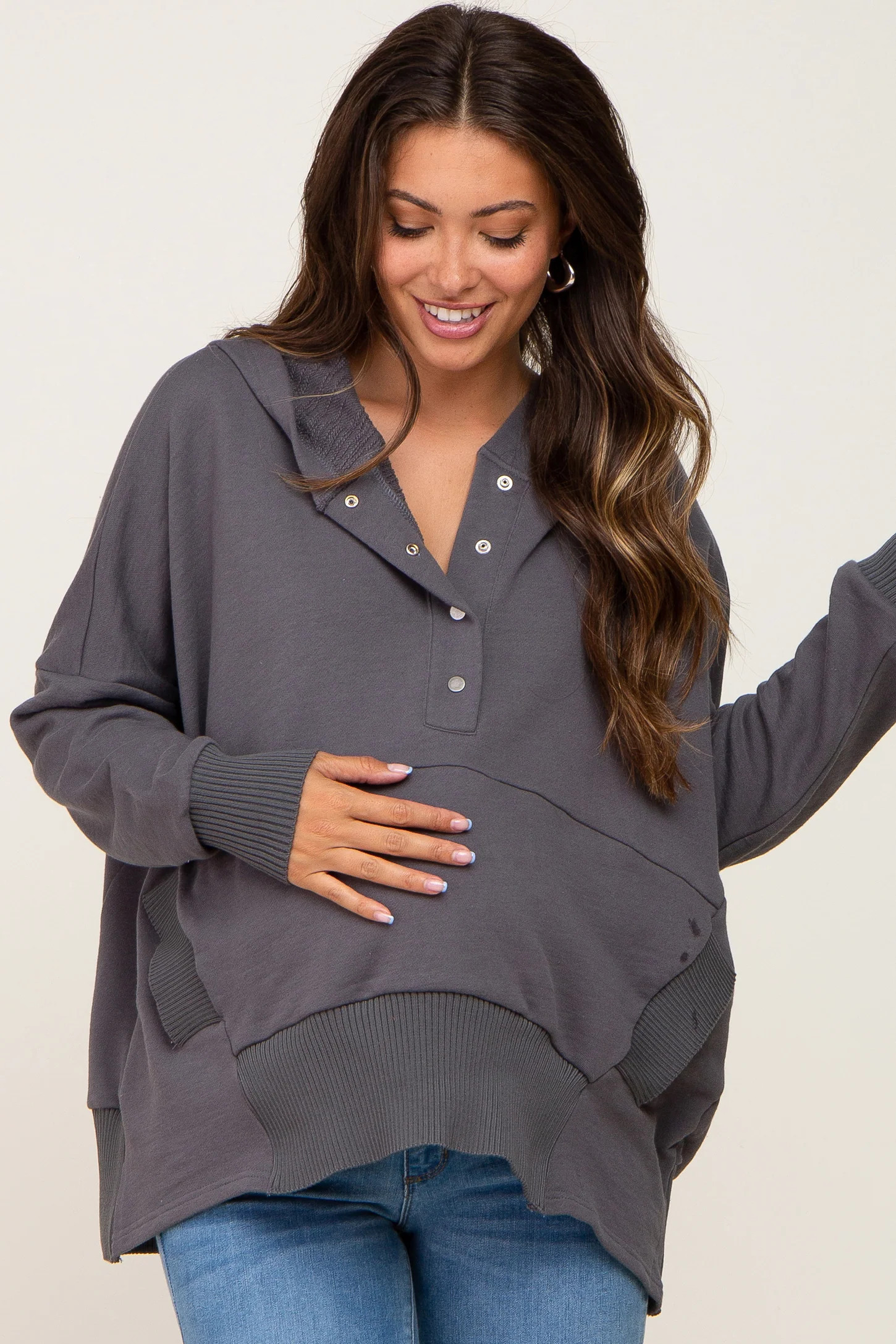 White Button Front Ribbed Trim Hooded Maternity Sweatshirt | PinkBlush Maternity