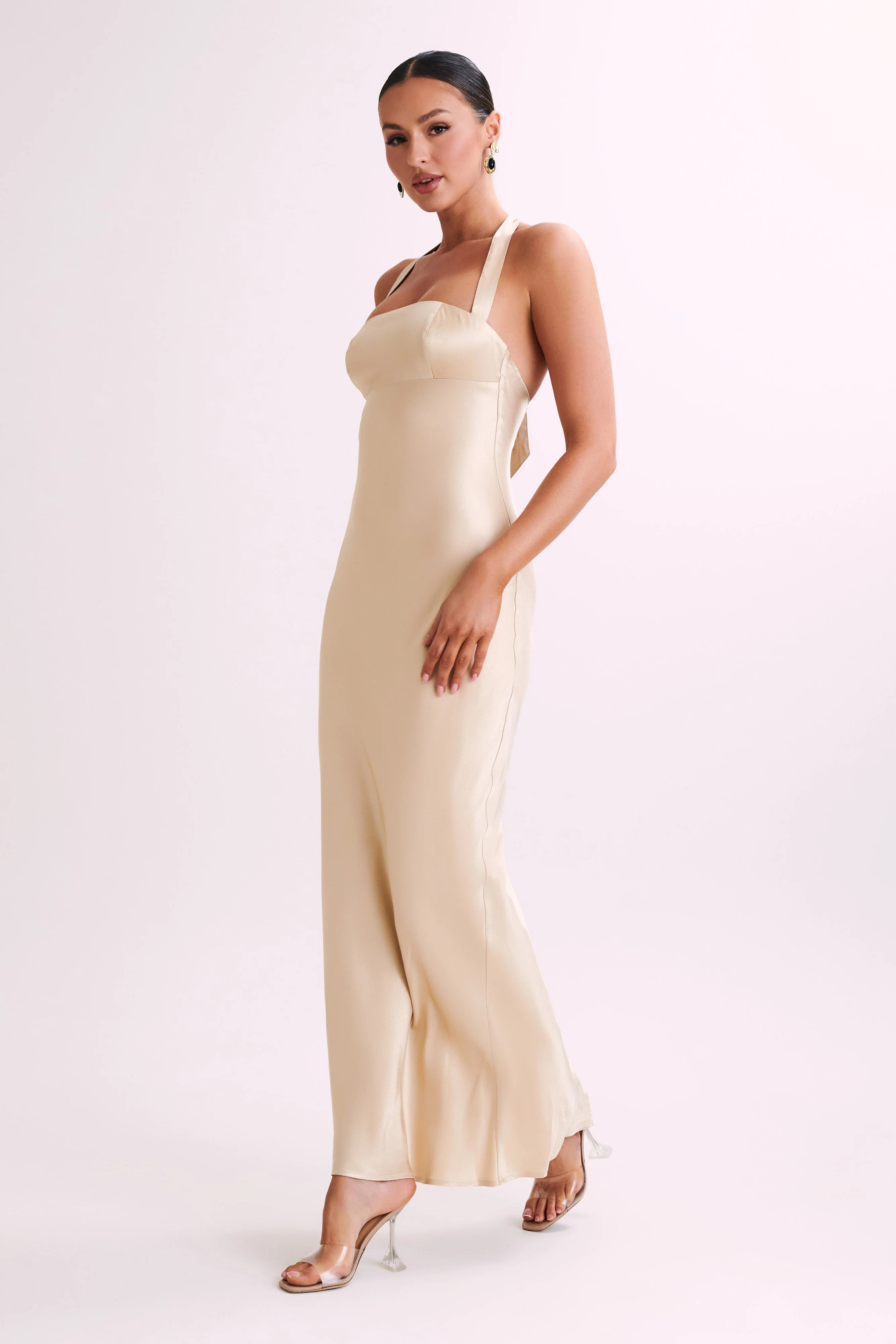 Sabra Satin Halter Maxi Dress - Gold | MESHKI US