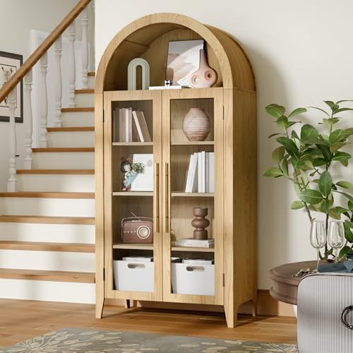 infurnic Elegant Arched Display Cabinet, 5-Tier Arched Bookcase with Glass Doors & Adjustable Shelves for Living Room, Dining Room & Kitchen, Wood Oak | Amazon (US)