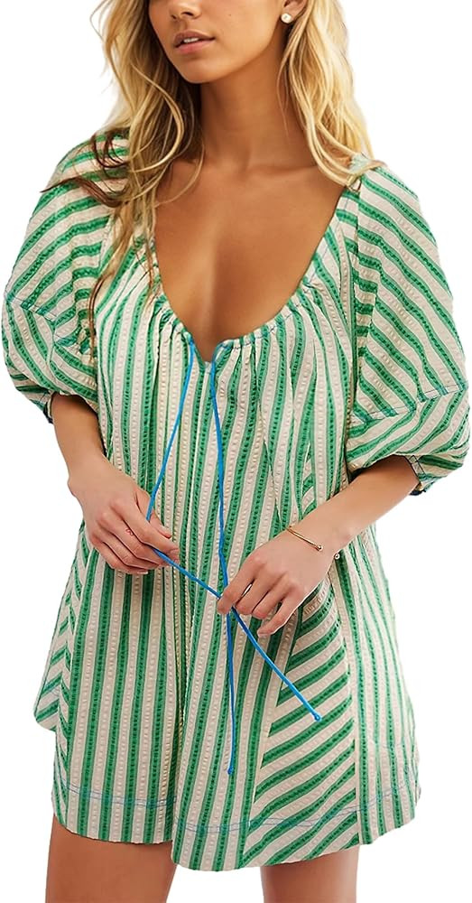 MISSACTIVER Women Summer Loose Striped Romper Casual Puff Sleeve Wide Leg Jumpsuit Drawstring Nec... | Amazon (US)