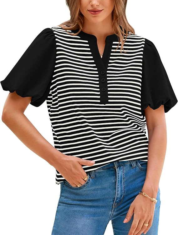 BTFBM 2025 Women's Summer Puff Short Sleeve Tops V Neck Casual Button Up Striped Tee Shirts Loose... | Amazon (US)