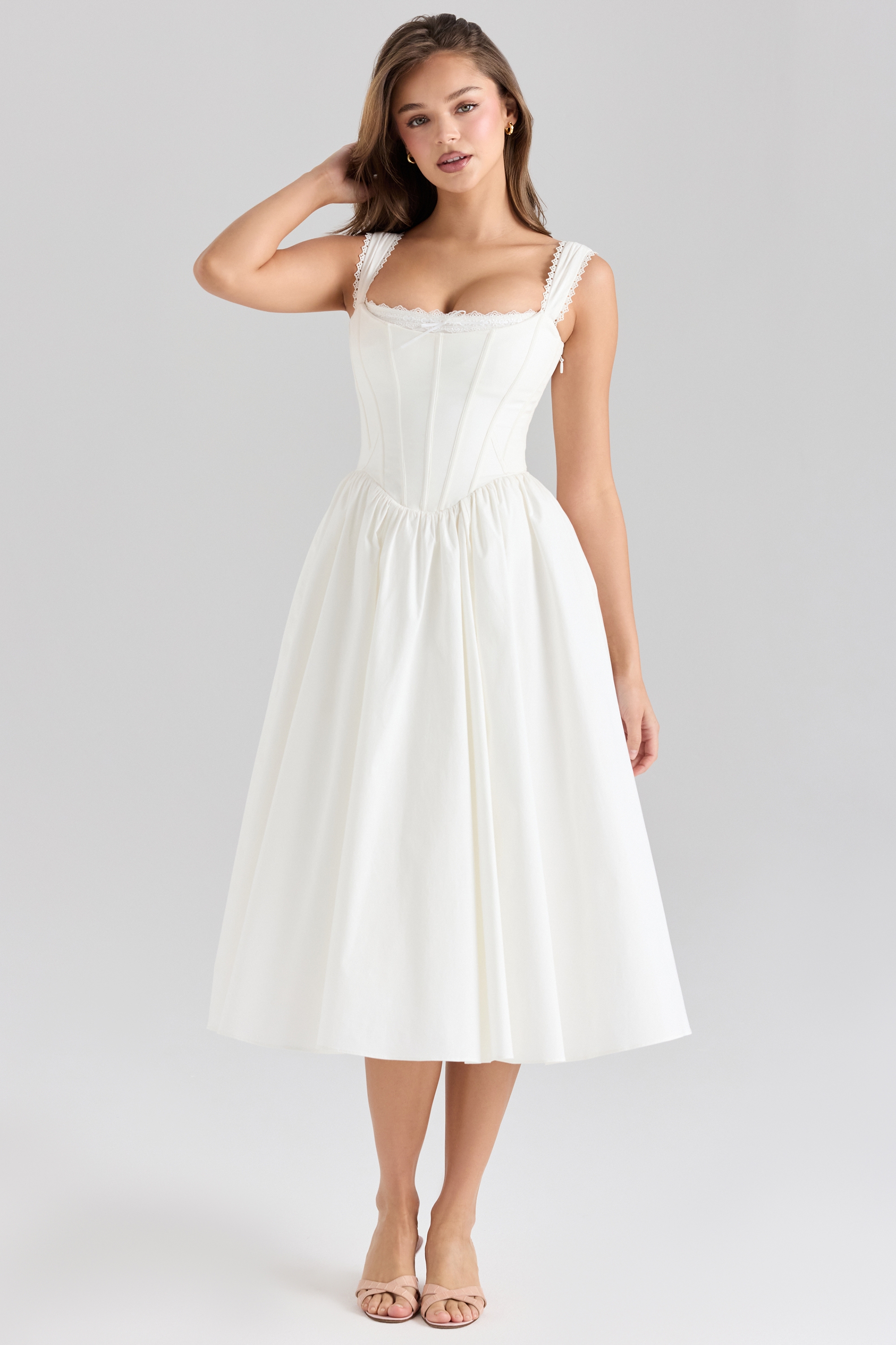 white stretch cotton corset midi dress | House of CB
