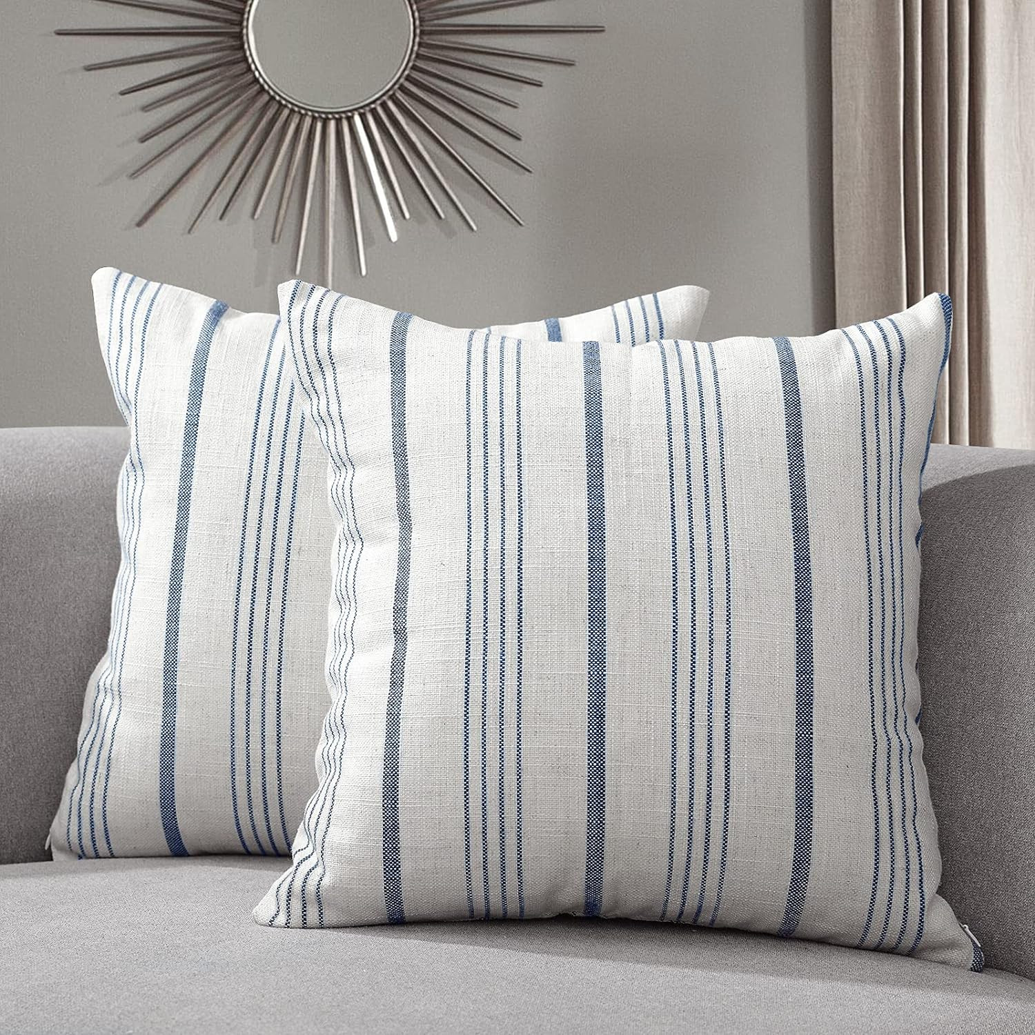 Sunlit Decorative Farmhouse Throw Pillow Case, Set of 2 Cream/Off-White with Blue Stripes Modern ... | Amazon (US)