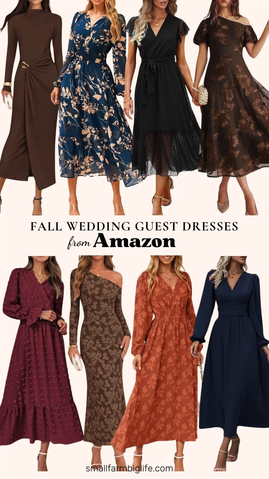 Fall Wedding Guest Dresses From Amazon 🍂 Fall wedding season is here, and these Amazon dresses are flattering, elegant, and so affordable. Swiss dot dresses are a pretty trend this fall, with a navy V neck midi with lantern sleeves, a wine red wrap maxi with ruffles, and a black belted wrap midi. For a romantic boho look, try a long sleeve floral maxi dress with an empire waist in navy floral or orange, and some even have pockets. Rich brown tones feel perfect for autumn weddings, like a fitted ruched midi with button trim, an off the shoulder floral maxi, and a coffee floral mesh one shoulder midi with puff sleeves. These fall wedding guest dresses also work beautifully for rehearsal dinners, bridal showers, date night outfits, and holiday parties. Pair them with heels or dressy fall shoes for easy fall dresses for women over 50 and beyond!

#amazonfashion #amazonfinds #fallweddingguest #weddingguestdress #falldresses #falloutfits 

 #LTKootd #LTKOver40 #LTKWedding