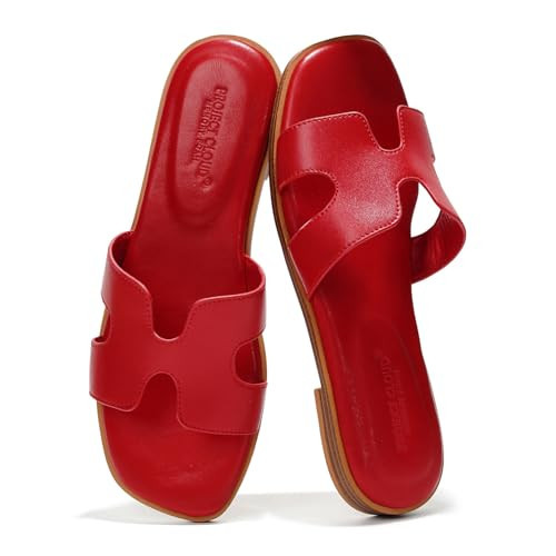 Project Cloud 100% Genuine Leather Sandals for Women 2026 - Fashion Flat Womens Sandals with Memory Foam Insole Slides Sandals Women Footwear - Mules Women's Sandals (Jannel, Red, 6.5) | Amazon (US)