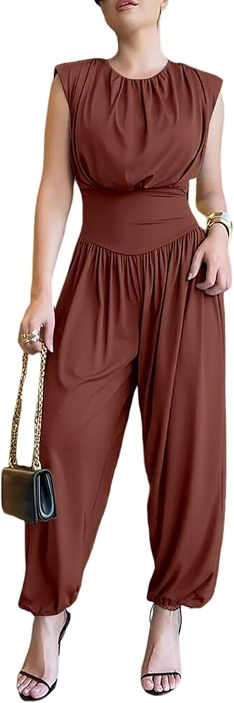 CHICME Padded Shoulders Sleeveless Cinched Waist Side High Slit Overalls Casual Hollow-out Back R... | Amazon (US)