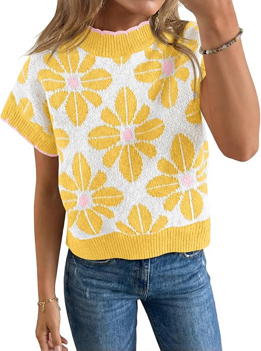 Saodimallsu Womens Floral Sweater Tops Short Sleeve Vintage Crew Neck Loose Knit Summer Pullover ... | Amazon (US)