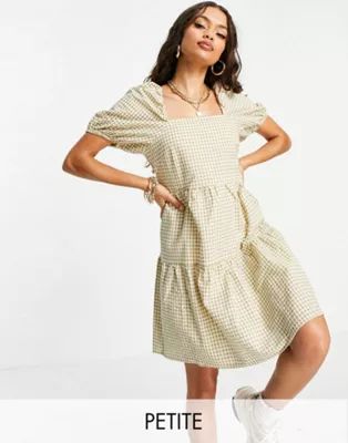 Y.A.S Petite gingham puff sleeve mini smock dress in sage | ASOS (Global)