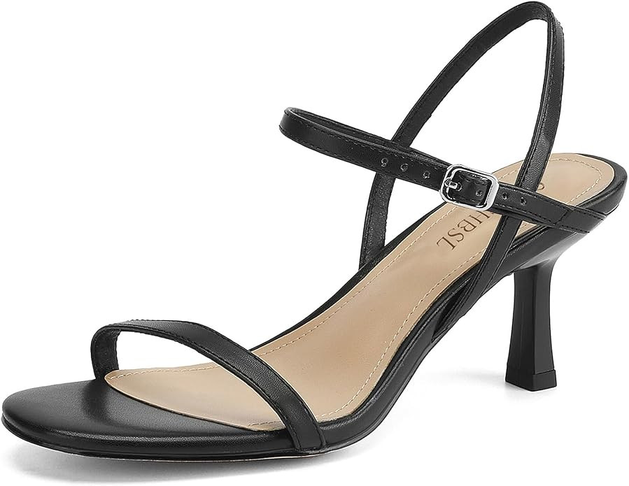Women's Heels Round Open Toe Strappy Sandals Adjustable Ankle Strap Dress Shoes Kitten Heels for ... | Amazon (US)