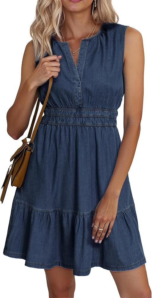 BerryGo Womens Denim Dress Sleeveless Summer Casual Jean Dress Tiered Cowgirl Country Mini Soft Light Chambray with Pockets | Amazon (US)
