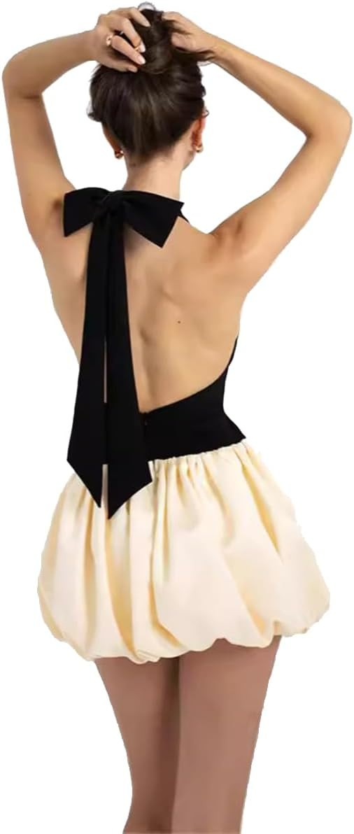 Women Bubble Halter Mini Dress Ruffle Balloon Backless Puffy Dress | Amazon (US)