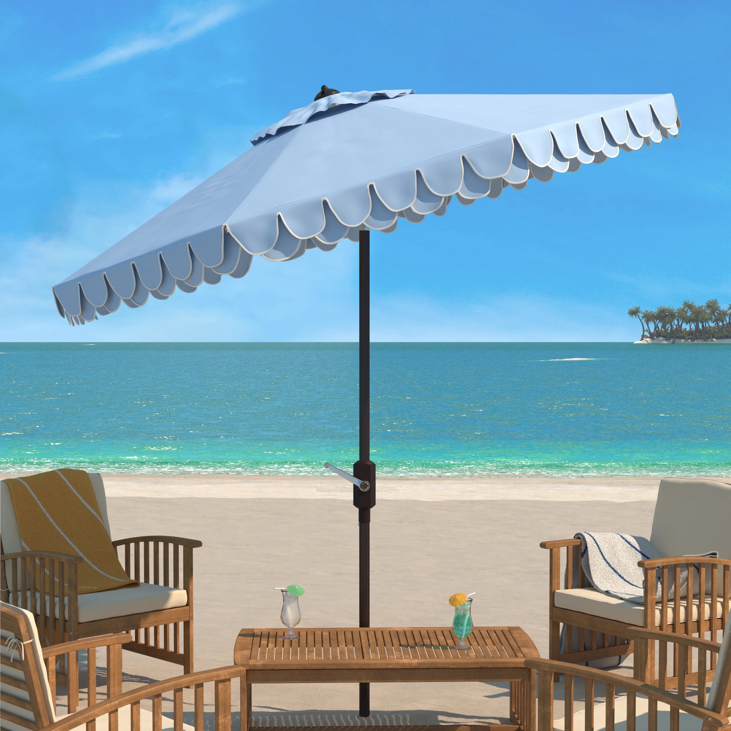 SAFAVIEH Elegant 9' Market Auto Tilt Patio Umbrella, Baby Blue/White | Walmart (US)
