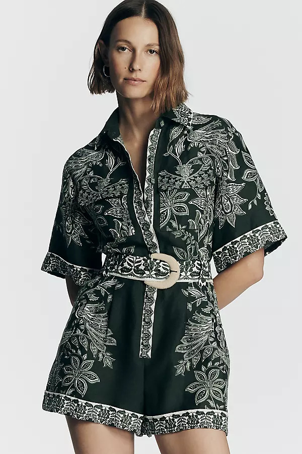 Farm Rio Miranda Short-Sleeve Belted Linen Romper | Anthropologie (US)