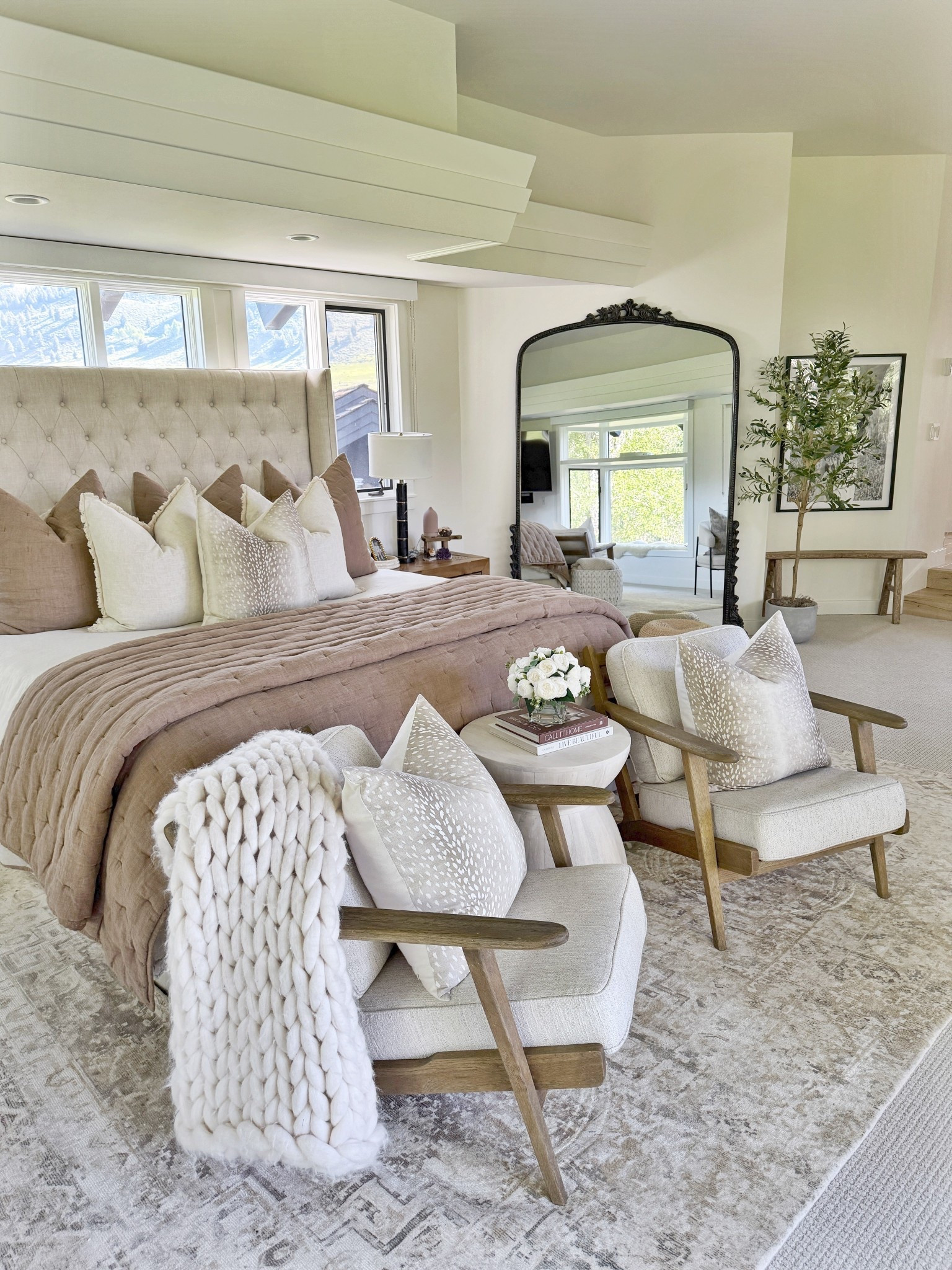 Neutral bedroom styling 

Accent chairs
Mirror
Bedding
Amazon 
Home decor 
Rug 

#LTKFindsUnder100 #LTKHome