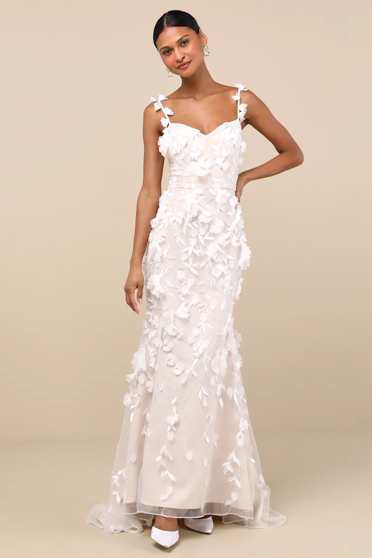 Kore White and Beige 3D Floral Mermaid Maxi Dress | Lulus
