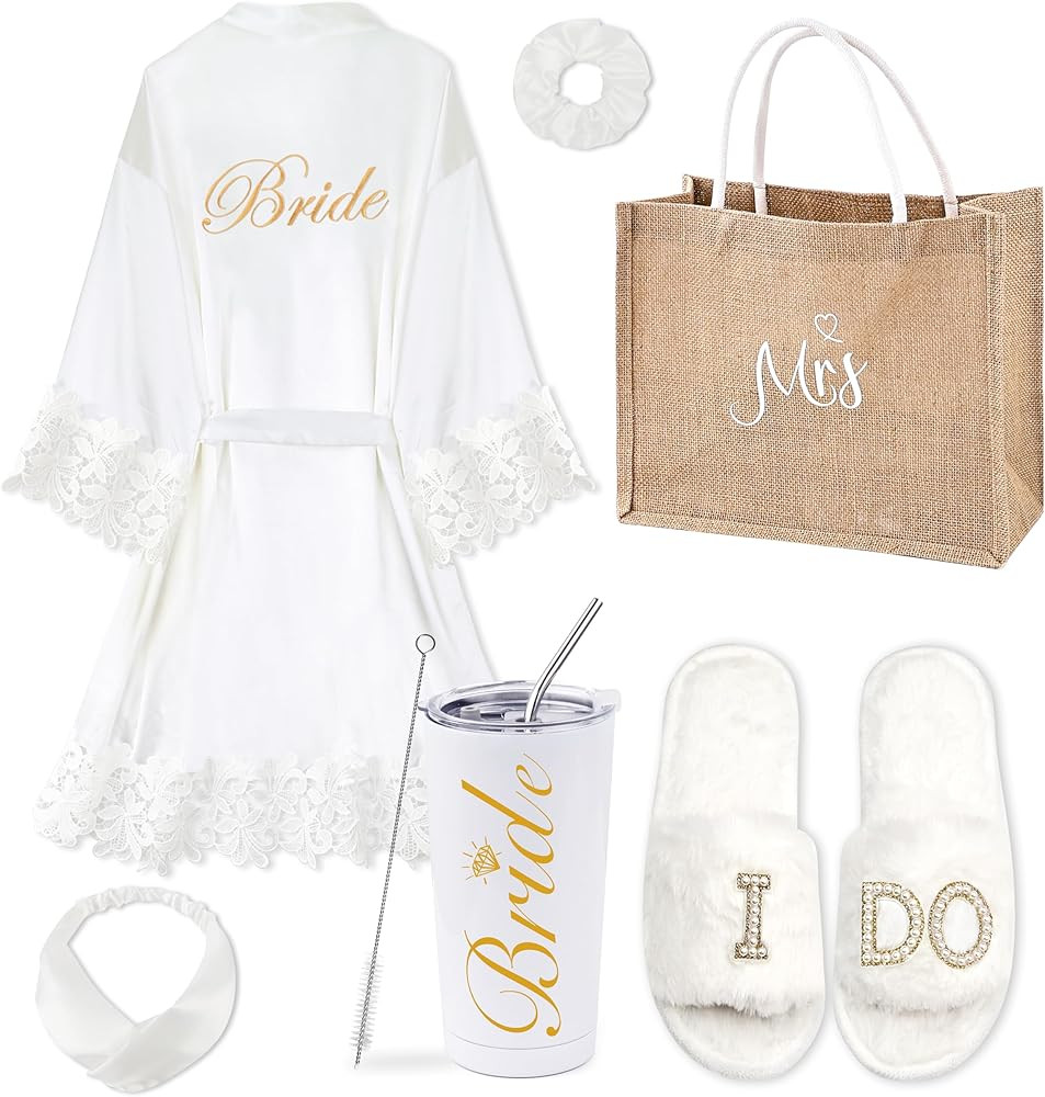 EPLAZA 6 Pcs Bride Robe for Wedding Day Set Bridal Robe with Slippers Tumbler Tote Lace Trim Wedd... | Amazon (US)
