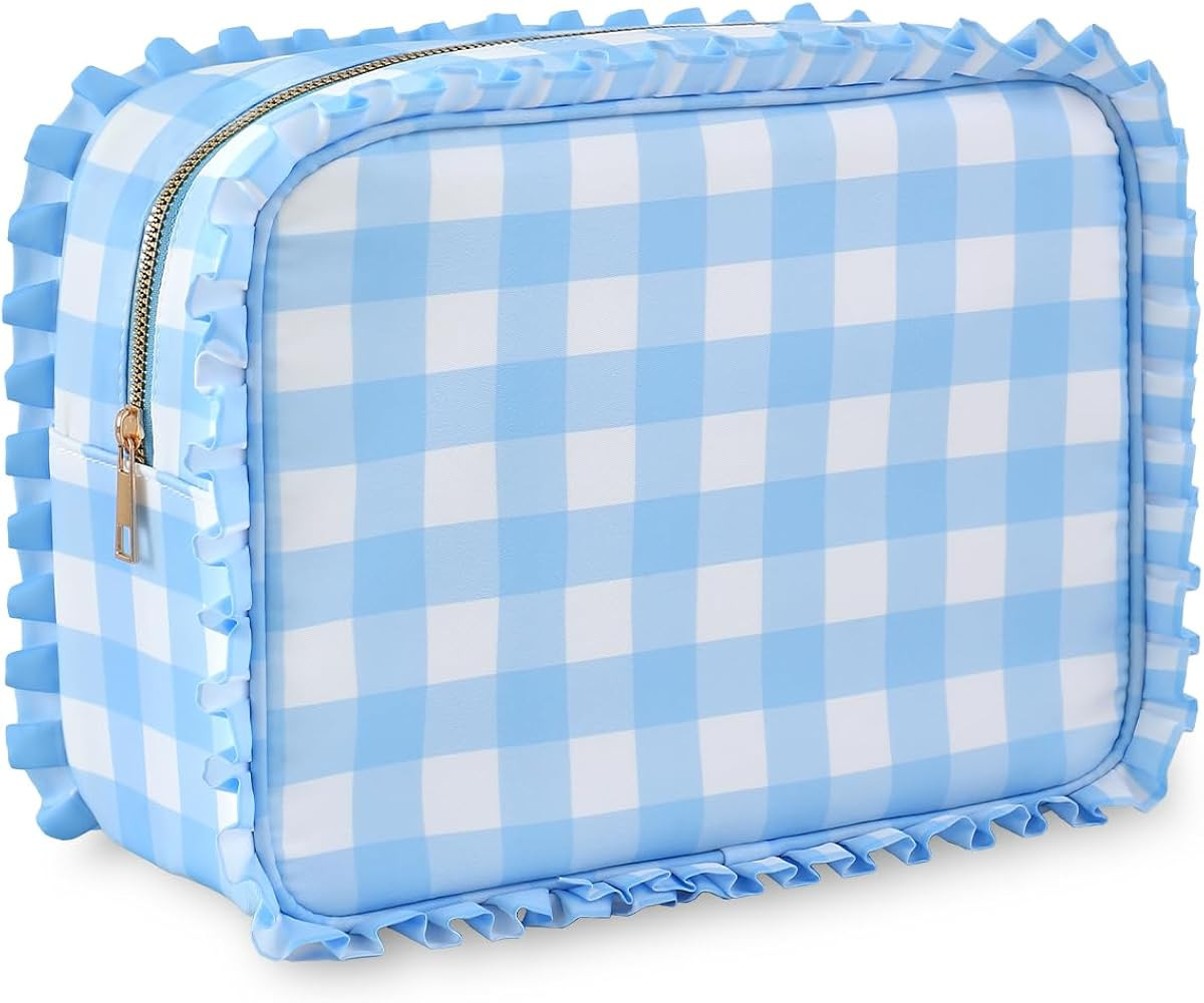 Gingham Ruffle Makeup Bag,Large Travel Cute Cosmetic Bag for Women Girls,Toiletry Bag Make up Org... | Amazon (US)