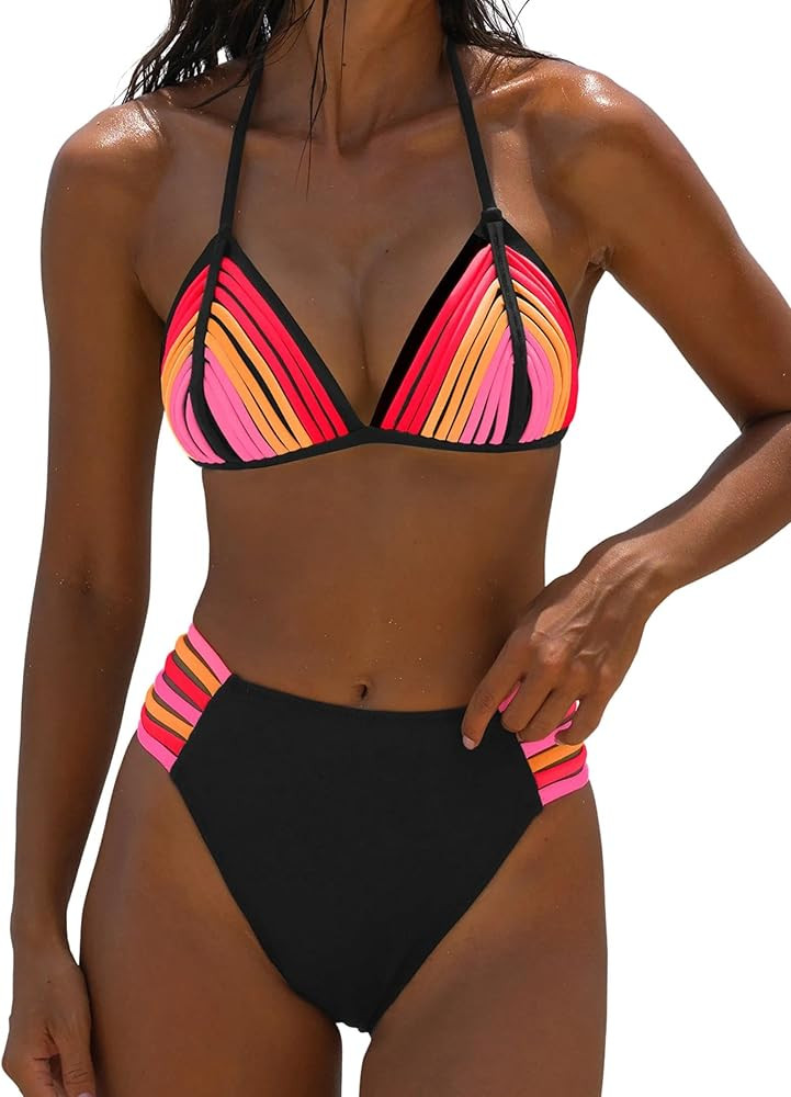 popvil Triangle Halter Bikini Sets for Women Neon Two Piece Sexy Cheeky Swimsuits High Cut String... | Amazon (US)