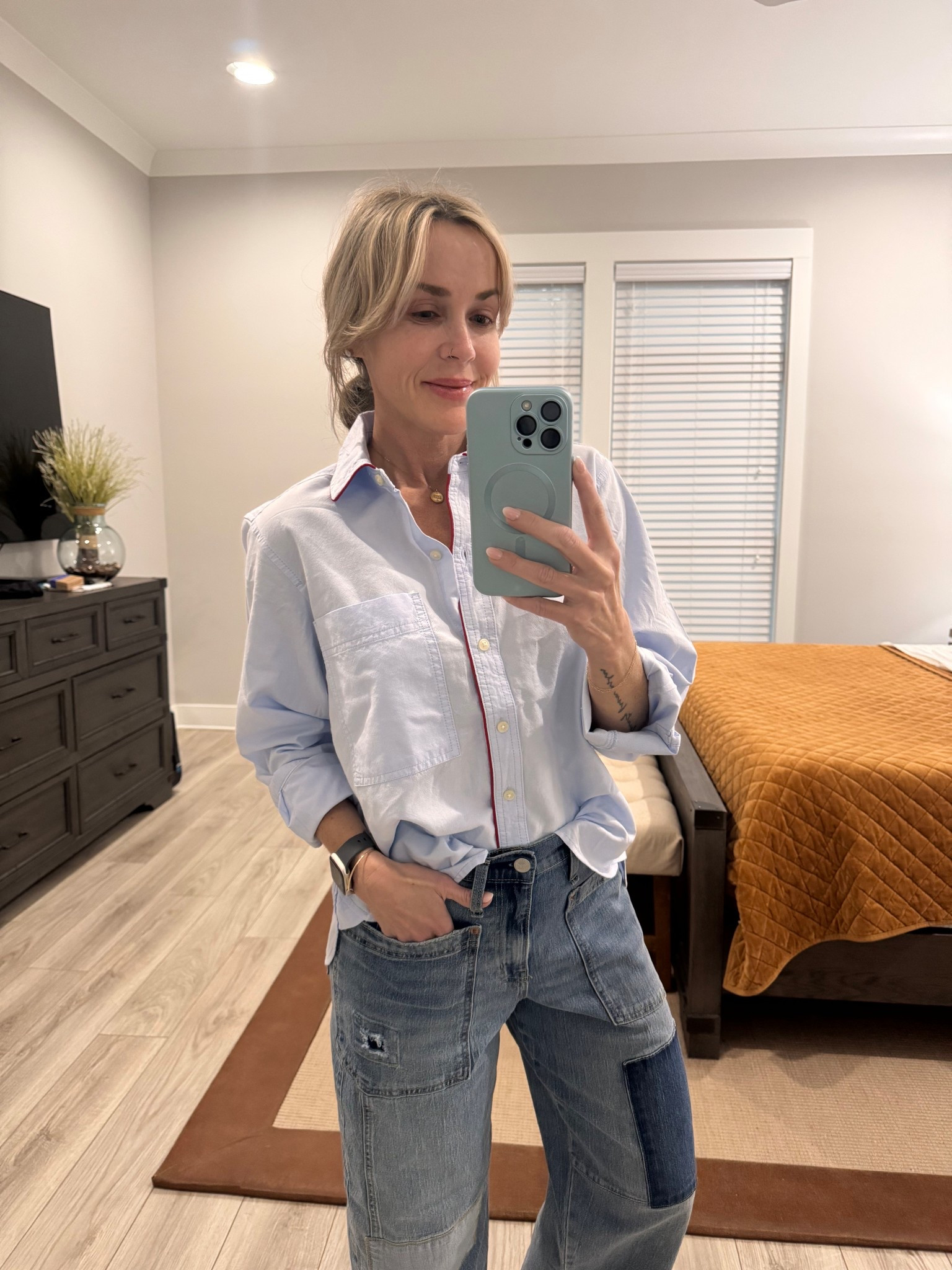 Light blue button down with red detail can be dressed up or down! ♥️

I'm 5'3" and wearing a medium for reference. 

#LTKOver40 #LTKootd #LTKmomlife