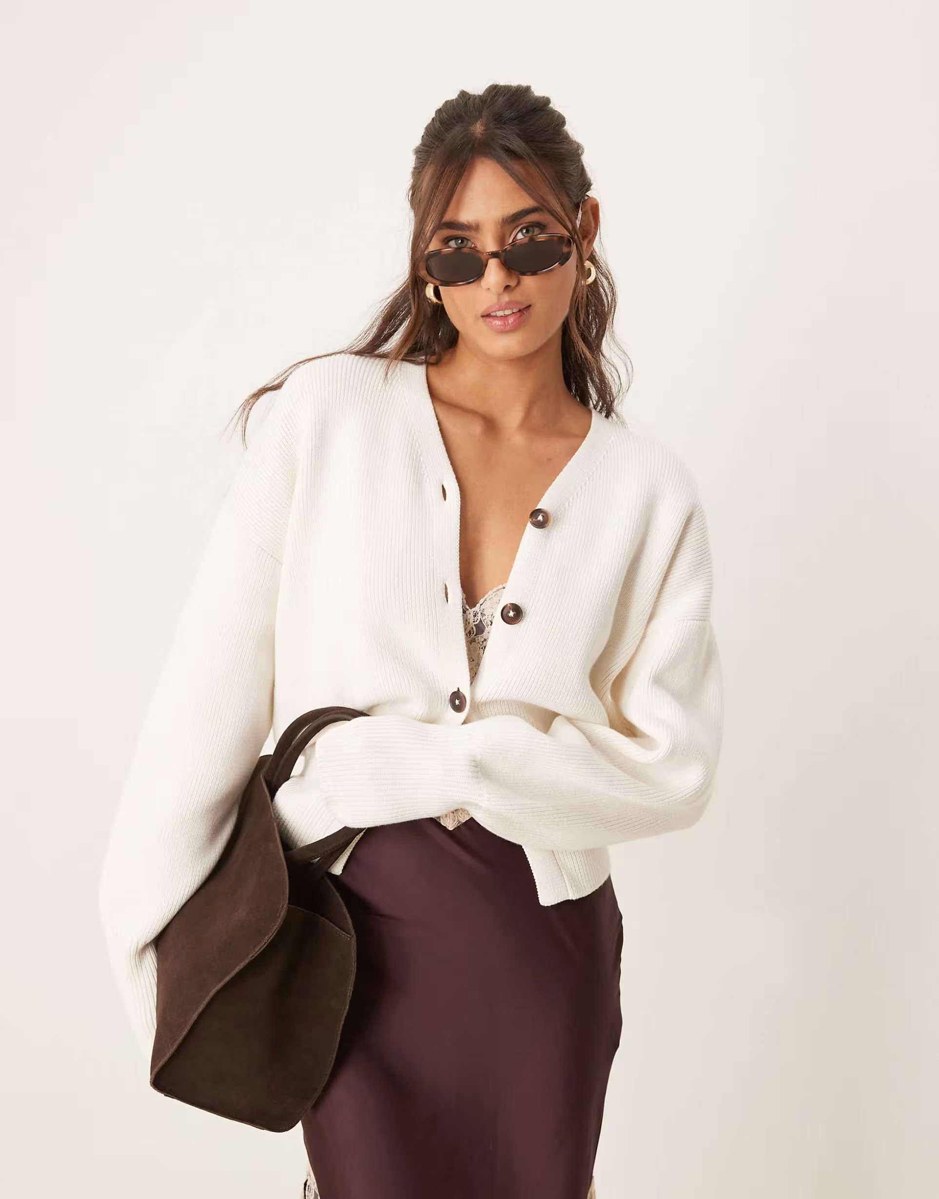 ASOS DESIGN structure v neck cardigan with ribbed hem in cream | ASOS (Global)