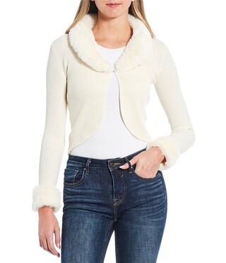 Long Sleeve Faux Fur Cuff And Neck Cardigan | Dillard's
