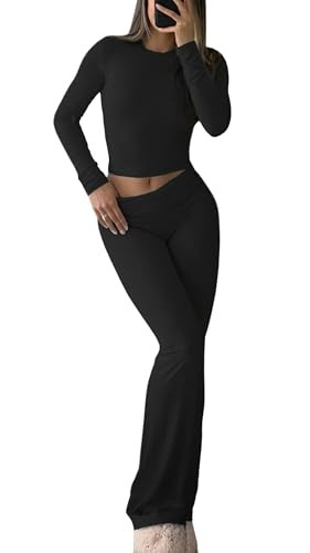Amazon.com: YETOWA Y2K 2 Piece Outfits Tummy Control Long Sleeve Crop Top High Waisted Flare Pant... | Amazon (US)