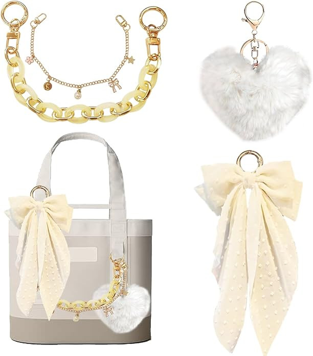 Bag Charms for Tote Bags, Satin Bow Keychain Kit Accessories for Yeti Camino, Fluffy Ball Gold Ch... | Amazon (US)