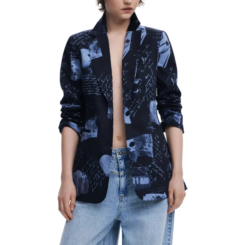 Desigual Print Two-Button Blazer in Dark Blue at Nordstrom, Size X-Small | Nordstrom