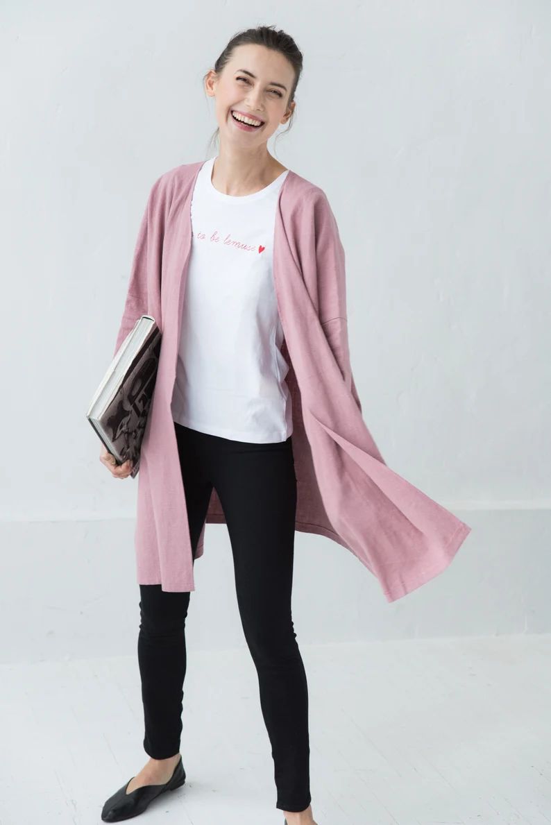 Pink Linen Cardigan, Kimono Cardigan, Linen Clothing, Washed Linen Cardigan, Summer Cardigan, Ele... | Etsy (US)