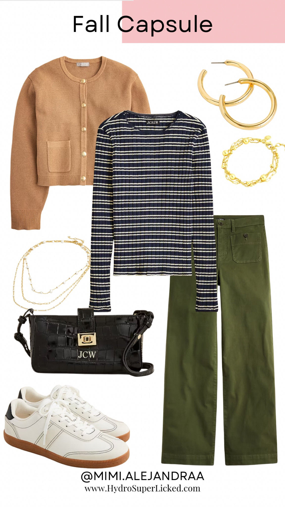 Fall capsule outfit formula with sneakers

Neutral cardigan
Stripped top
Neutral pants
Trainers

Gold accessories 
Neutral bag

#LTKFindsUnder100 #LTKSeasonal #LTKStyleTip