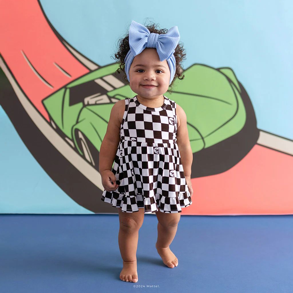 Checkered Black Ruffled Baby Bodysuit Dress | Hot Wheels™ Retro Checker | Posh Peanut