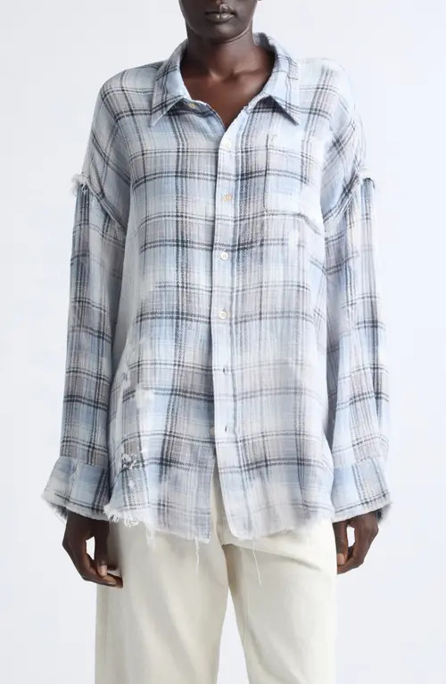 R13 Shredded Seam Drop Neck Plaid Flannel Button-Up Shirt in Blue Bleached Plaid at Nordstrom, Size Medium | Nordstrom