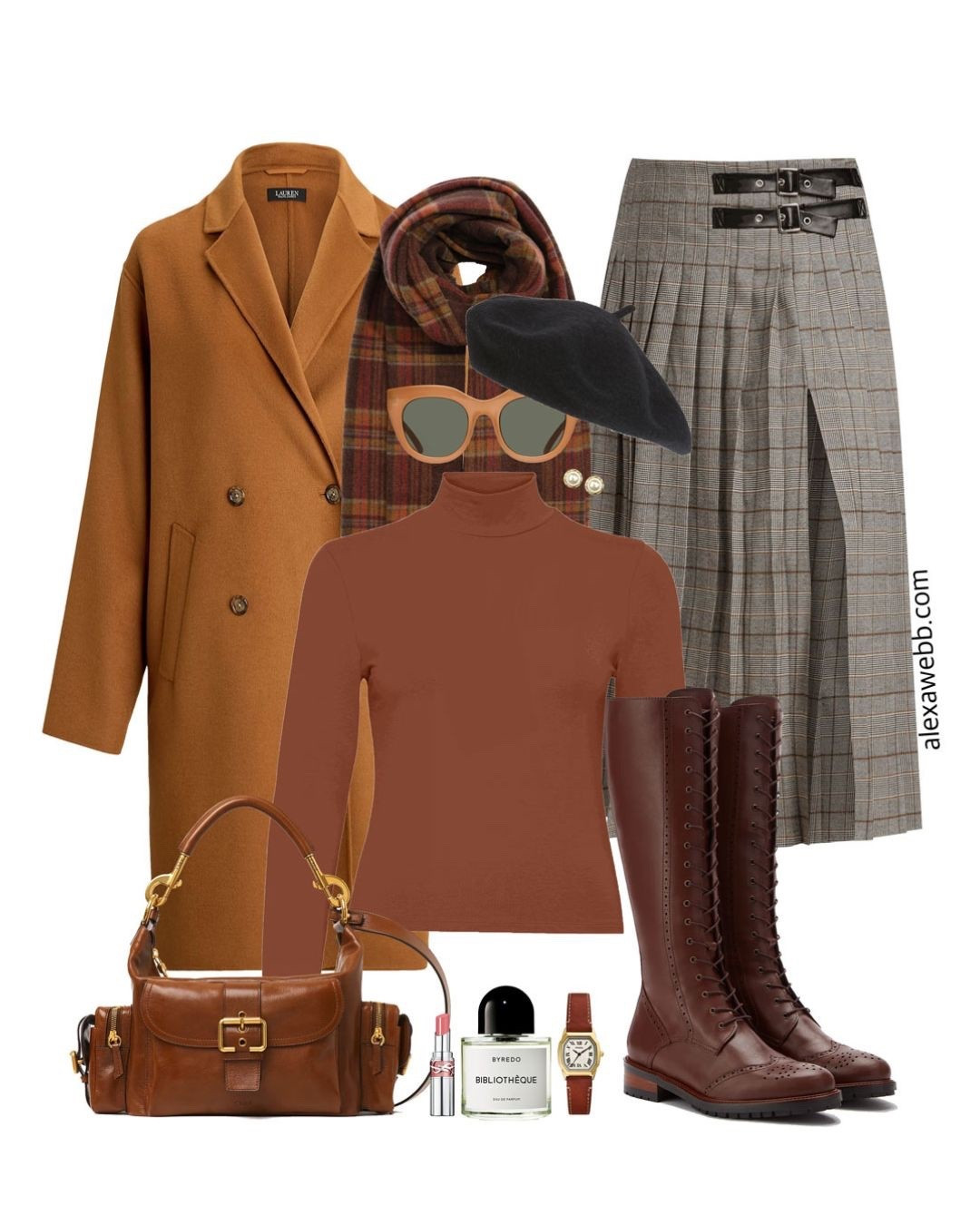 Plus Size Dark Academia Outfit - A plus size fall outfit idea with a plaid pleated maxi skirt, brown turtleneck, wool coat, and wide calf lace up boots. A beautiful way to wear this trend at any age! Alexa Webb #plussize

#LTKPlusSize #LTKStyleTip #LTKSeasonal