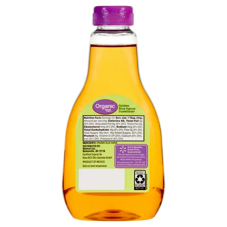Great Value Organic Golden Blue Agave Sweetener, Sugar Substitute, Shelf-Stable, 23.5 oz Bottle | Walmart (US)