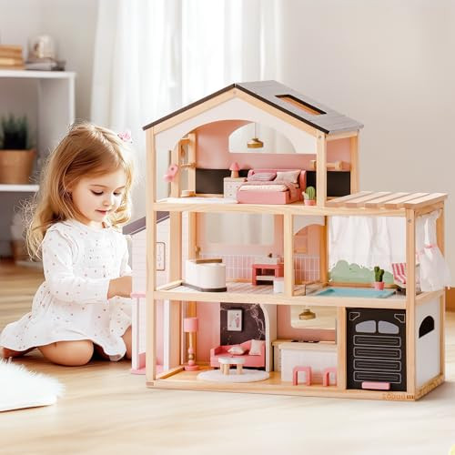 ROBUD Wooden Dollhouse, 6 Rooms Wooden Doll House with 29Pcs Furniture Set, Working Elevator, Garage, Swimming Pool, Ideal Gift for Kids Ages 3+ (Modern Black) | Amazon (US)